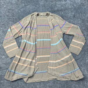 J Jill Cardigan Sweater Womens M Beige Pink Blue Striped Open Linen Rayon Knit